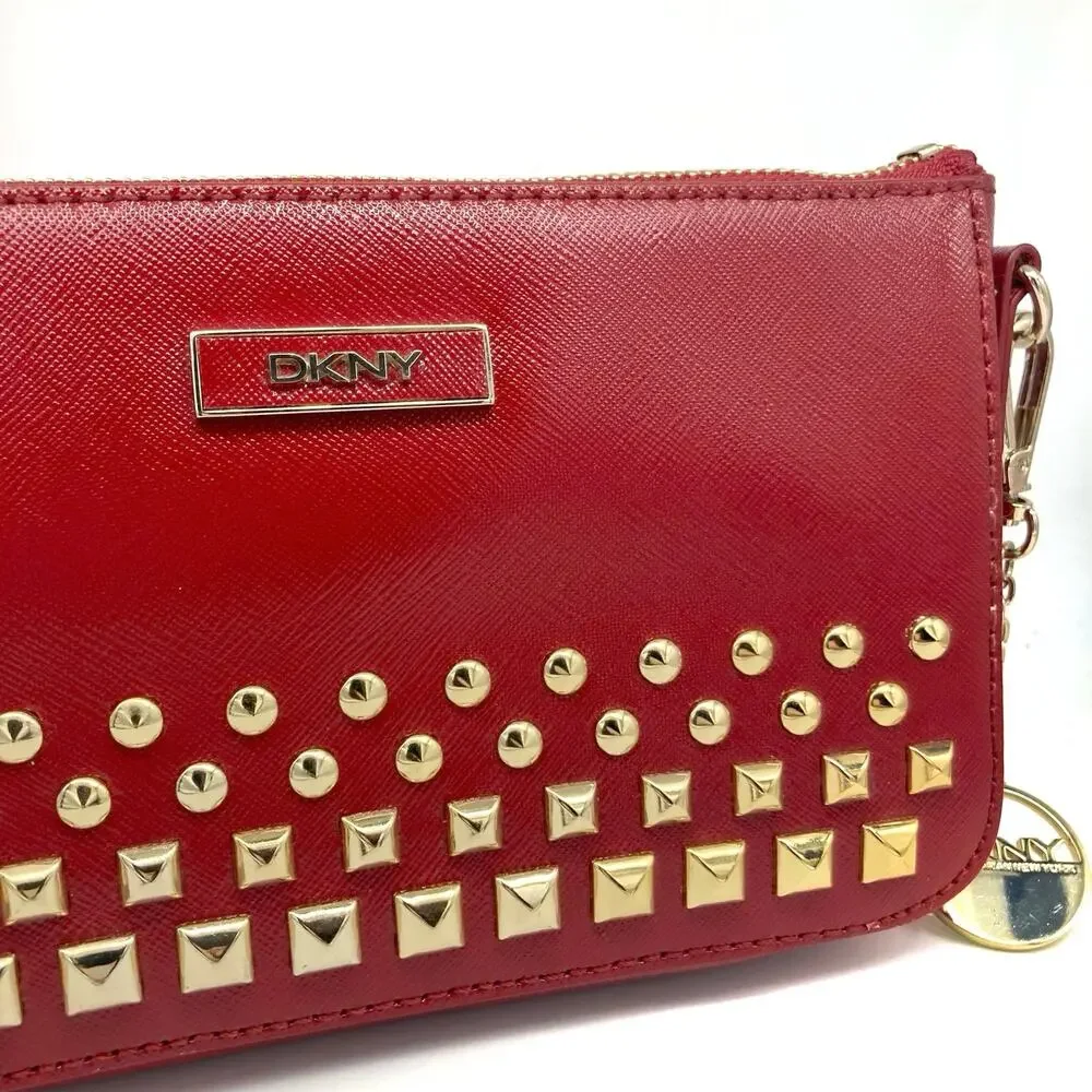 DKNY Red Saffiano Leather Studded Crossbody Clutch, Gold Hardware & Charm NWOT